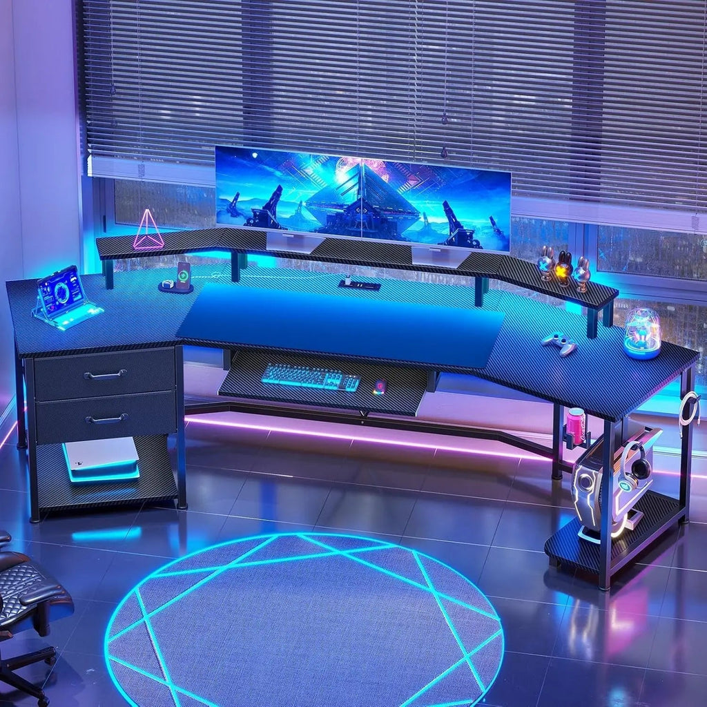 79" Inch Gaming Desk With LED Lights And Storage