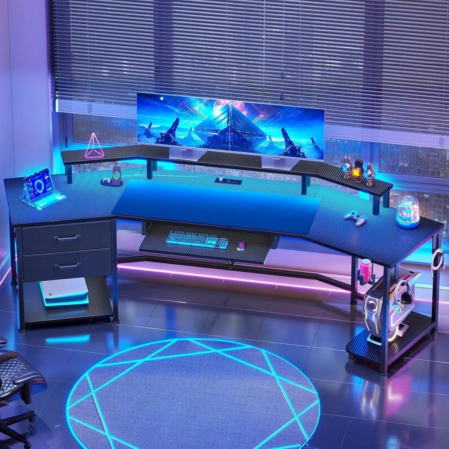 79" Inch Gaming Desk With LED Lights And Storage