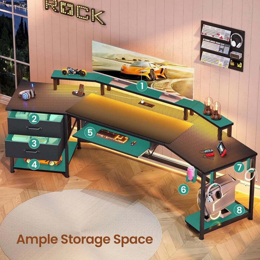 79" Inch Gaming Desk With LED Lights And Storage