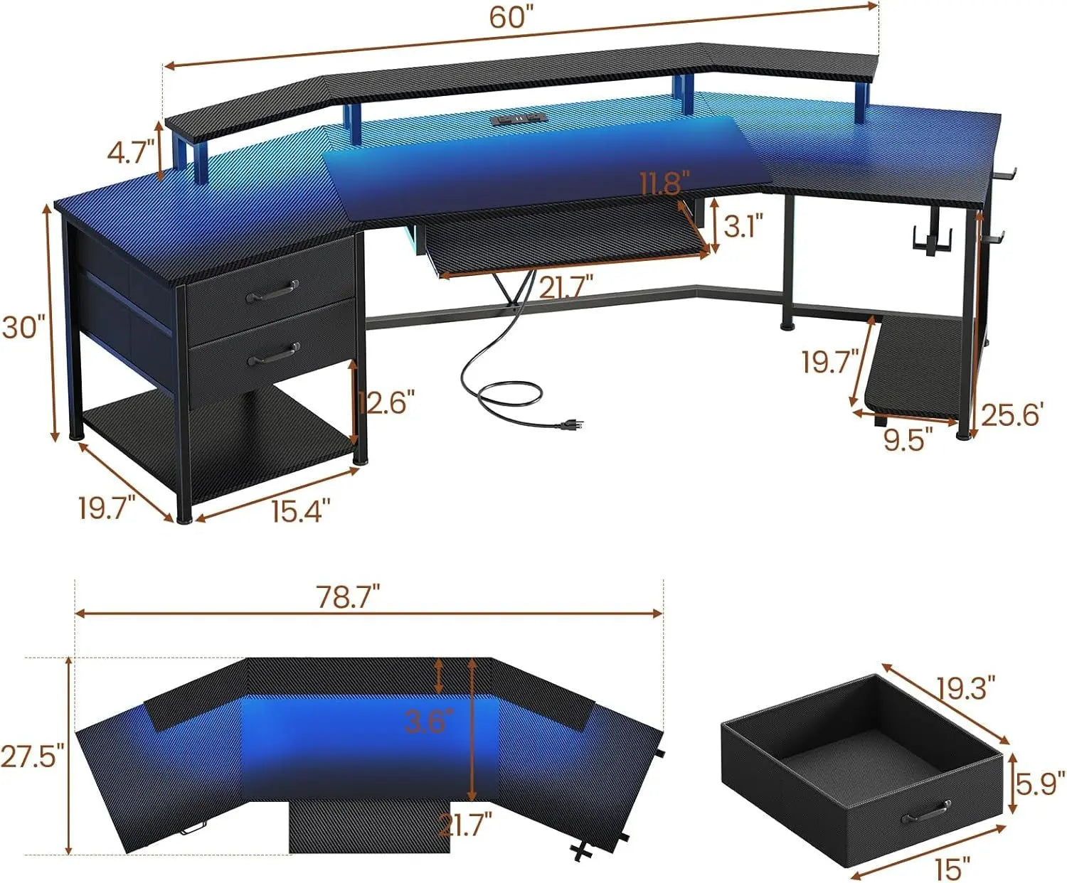 79" Inch Gaming Desk With LED Lights And Storage