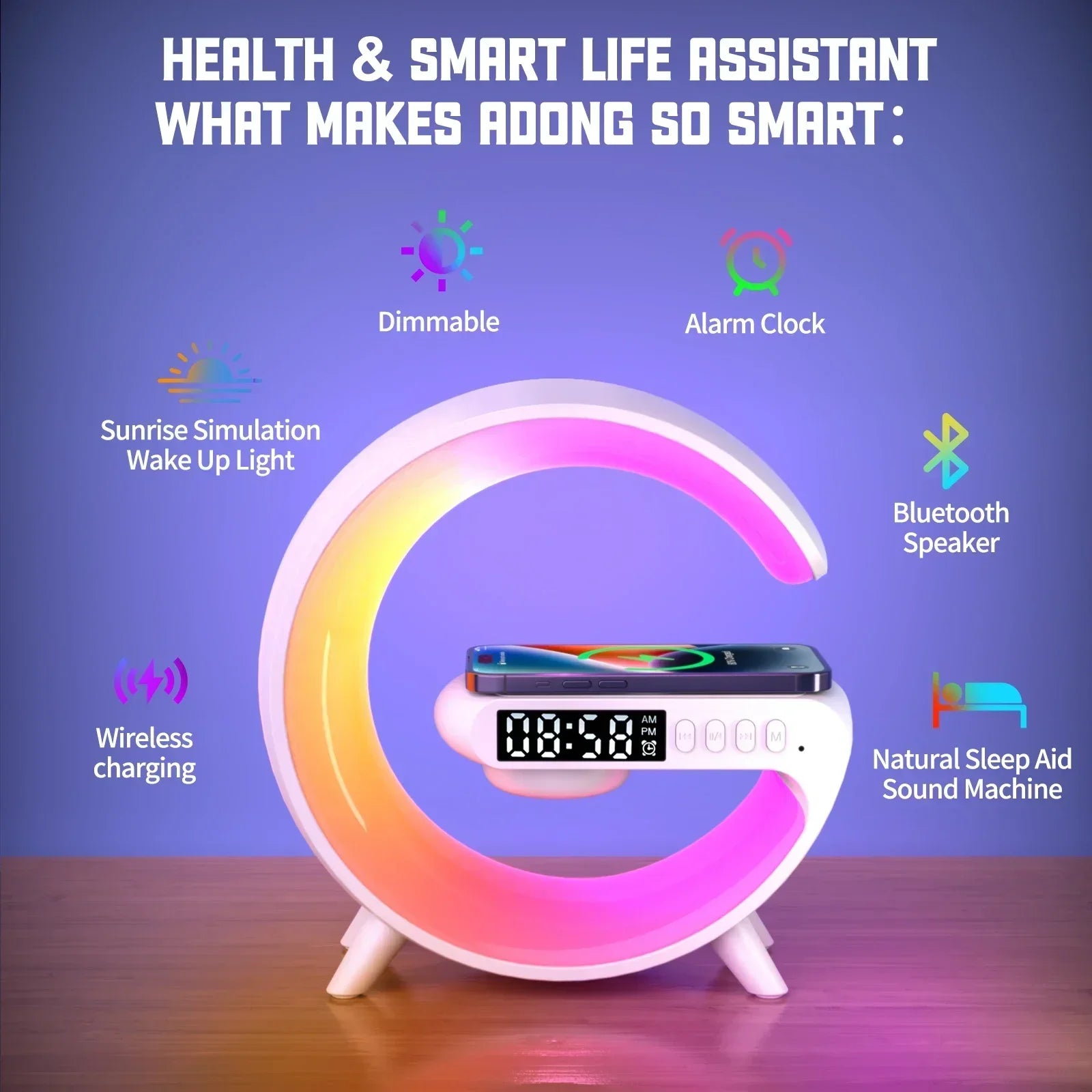 Multifunction Wireless Charger Stand Pad RGB Light Alarm Clock Speaker Fast Charging Dock Station