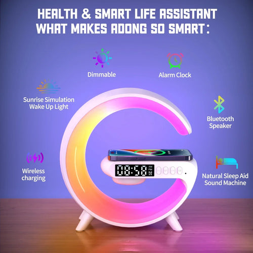 Multifunction Wireless Charger Stand Pad RGB Light Alarm Clock Speaker Fast Charging Dock Station